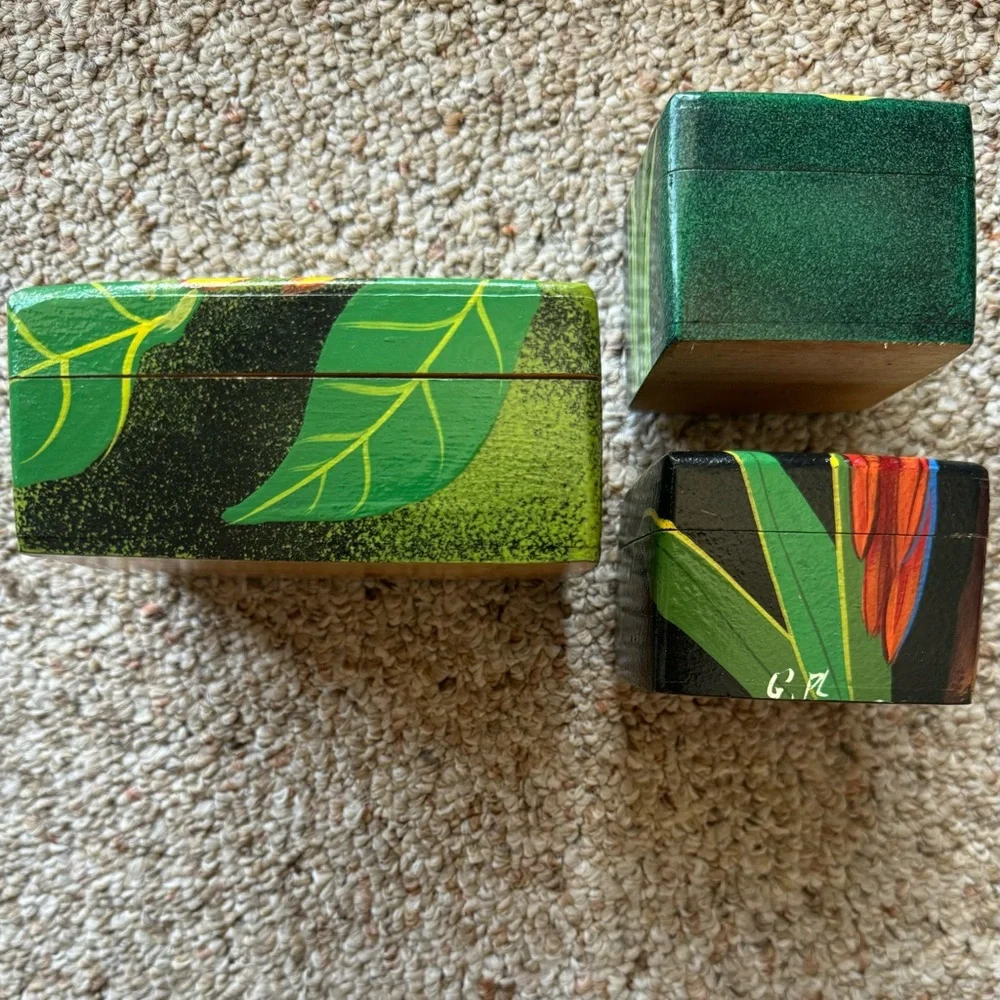 NEW 3pc Handmade Hand Crafted Carved & Painted Wooden Jewelry Boxes - Costa Rica